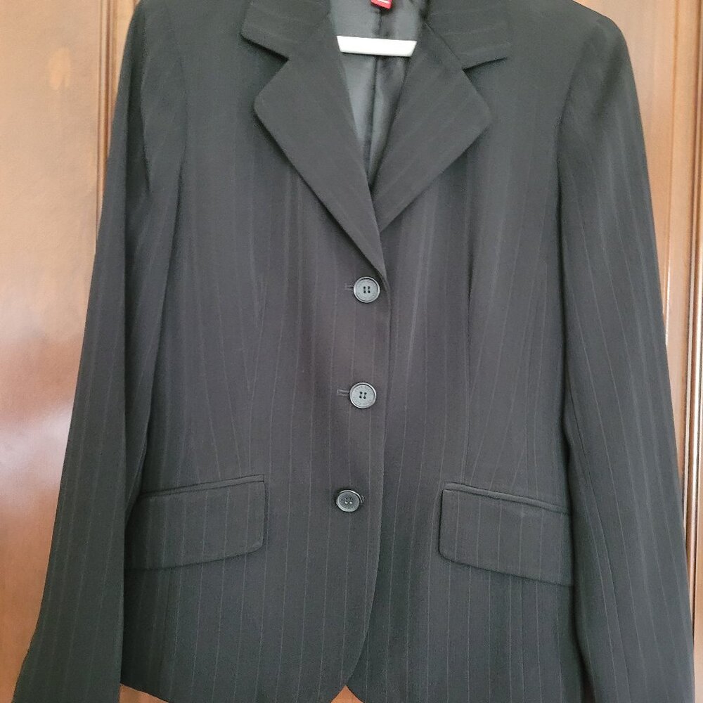 Ann Klein 2 piece black suit with grey pin stripe. size 4/size 6